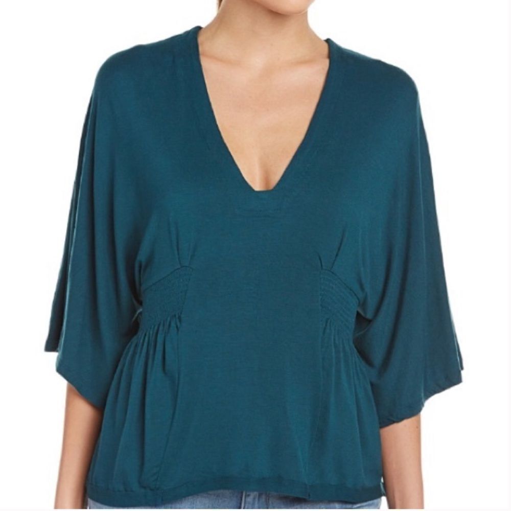 Free People Teal V-Neck Boho Peplum Top Dolman Sleeve L